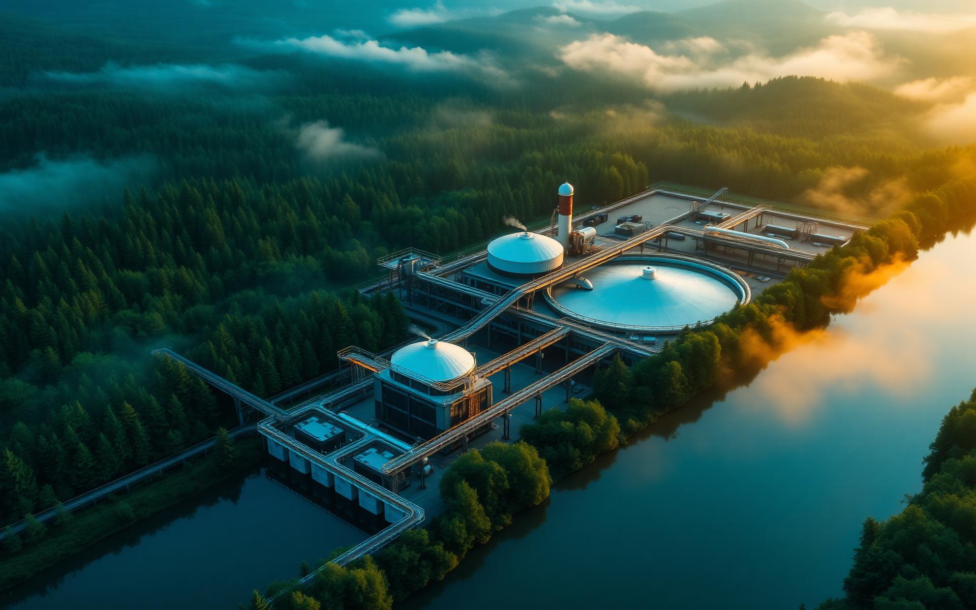 Instalação industrial sustentável ao amanhecer
